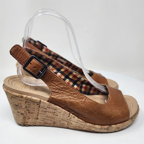 Crocs A-Leigh Slingback Wedge Sandals Women 7 Brown Leather Buckle Cork 11848 - Picture 2 of 11